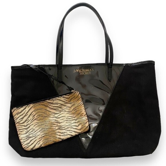 Victoria's Secret BLK Shimmer Canvas Tote Clear Plastic Front V Panel Tiger Bag - Picture 1 of 13